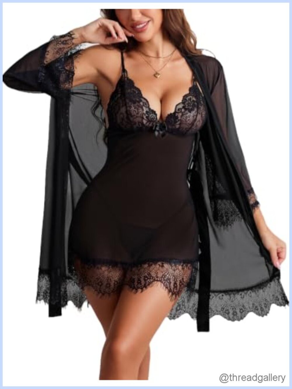 ADOME 3 Piece Lingerie Set Lace Babydoll Kimono Robe Sleepwear